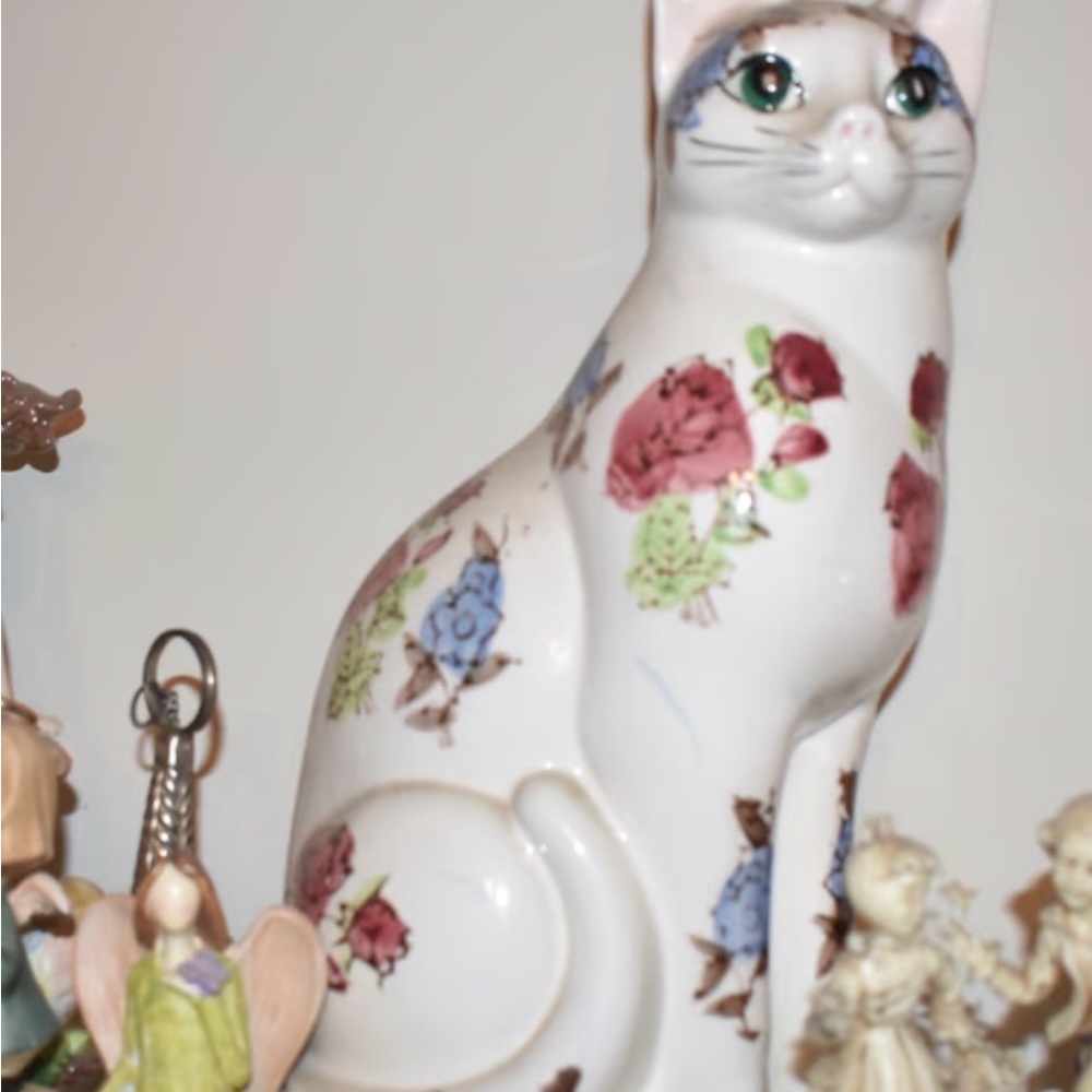 Floral Ceramic Cat Figurine - White with Pink & Blue Flowers